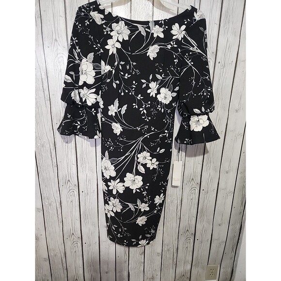 Calvin Klein Dress 6 Floral Pencil Puffed Ruffle Sleeves Sheath Black Career - Picture 1 of 6